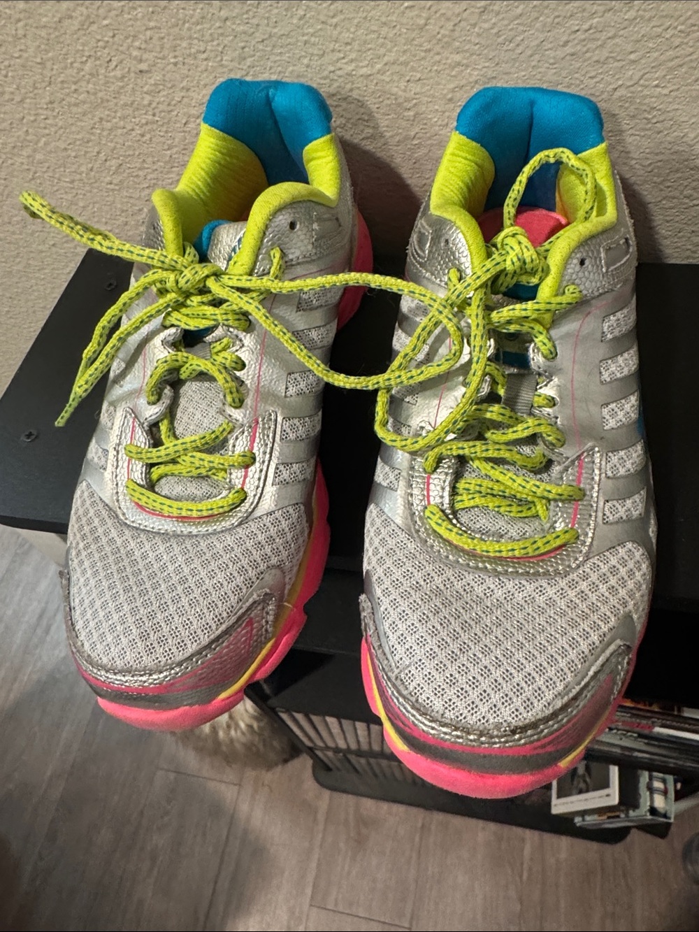 Silver  Athletic Sneakers with Neon Yellow Laces and Pink Accents
